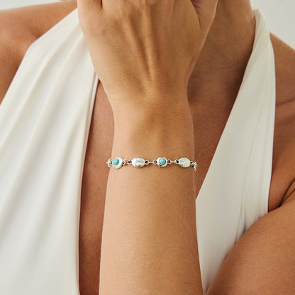 Turqouise and Silvertone Oval Round Station Bracelet, silver bracelet for women, everyday style, lifestyle look