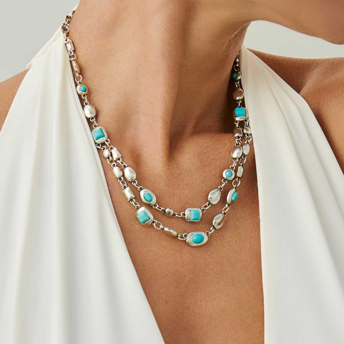 Turqouise and Silvertone Geometric Station Layered Necklace, vintage-inspired design, lifestyle look