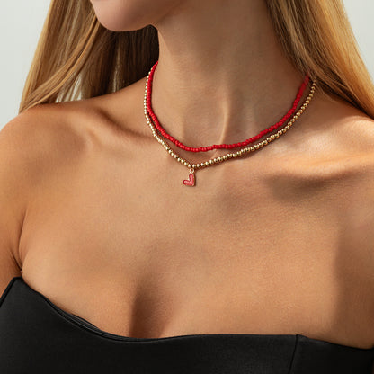 Red Howlite & Enamel Goldtone Beads Chain Heart Pendant Necklace Set