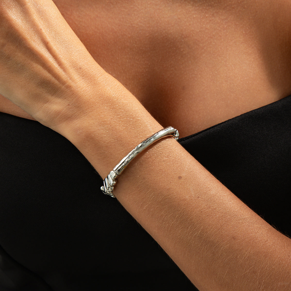 Silvertone Curved Bar Irregular Beads Chain Bracelet, silver bracelet for women, everyday style, lifestyle look