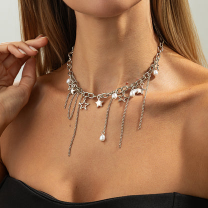 Pearl and Silvertone Star Tassel Collar Necklace, dainty minimalist design, styled look