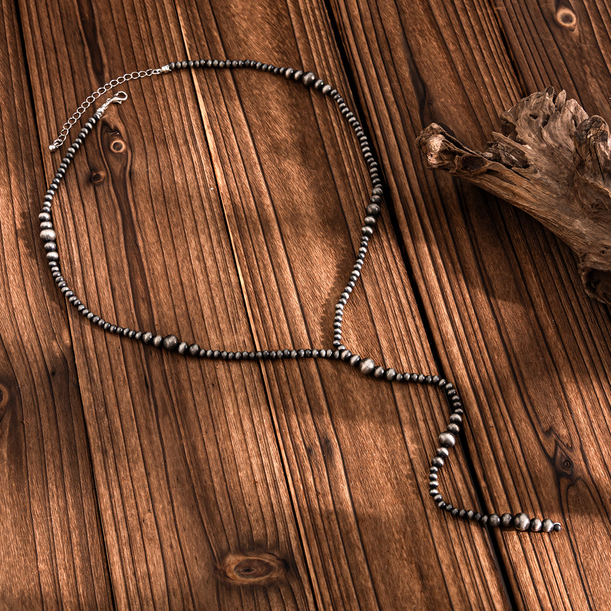 Dark Resin and Silvertone Beaded Y-Necklace, everyday style, side view