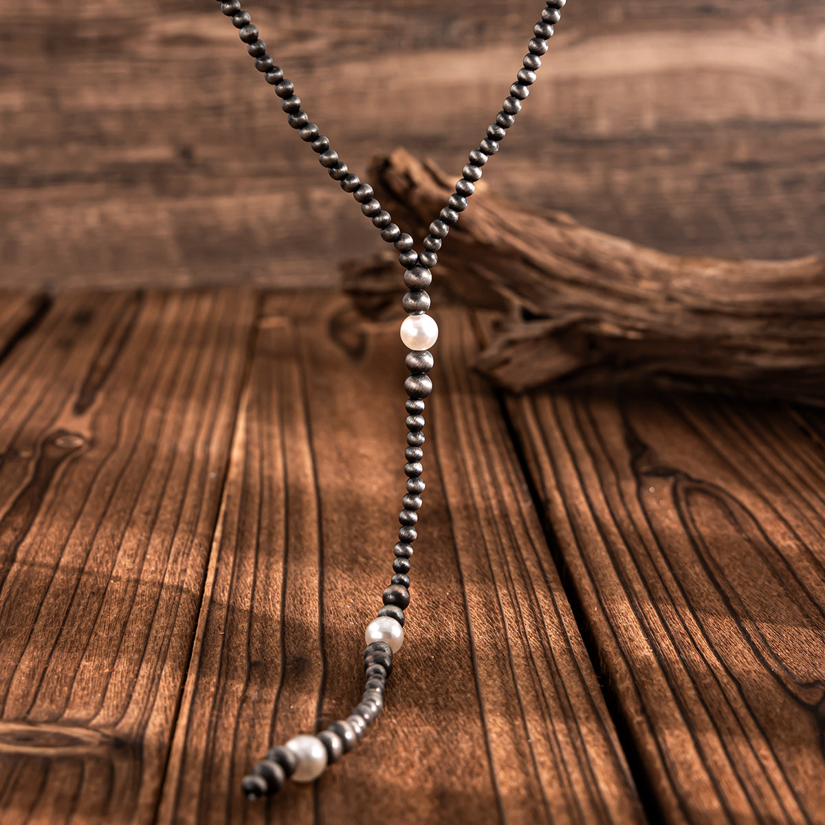 Dark Resin and Pearl Silvertone Beaded Y-Necklace, vintage-inspired design, detail close-up