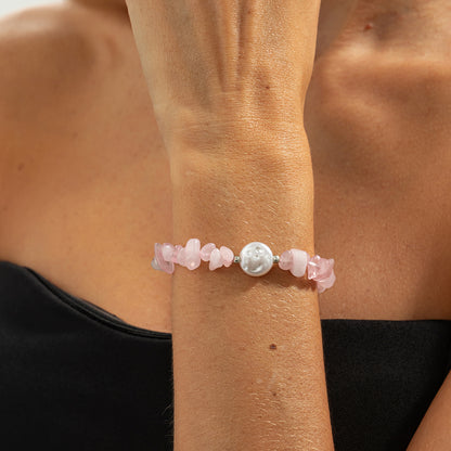Pink Quartz and Baroque Pearl Silvertone Beads Chain Bracelet, silver bracelet for women, botanical inspired, styled look