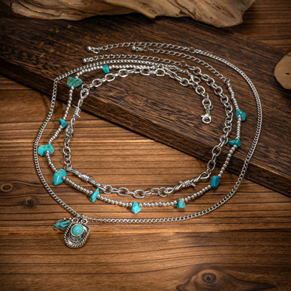 Turqouise and Silvertone Beads Knot Cactus Oval Pendant Necklace Set, silver pendant necklace for women, side view