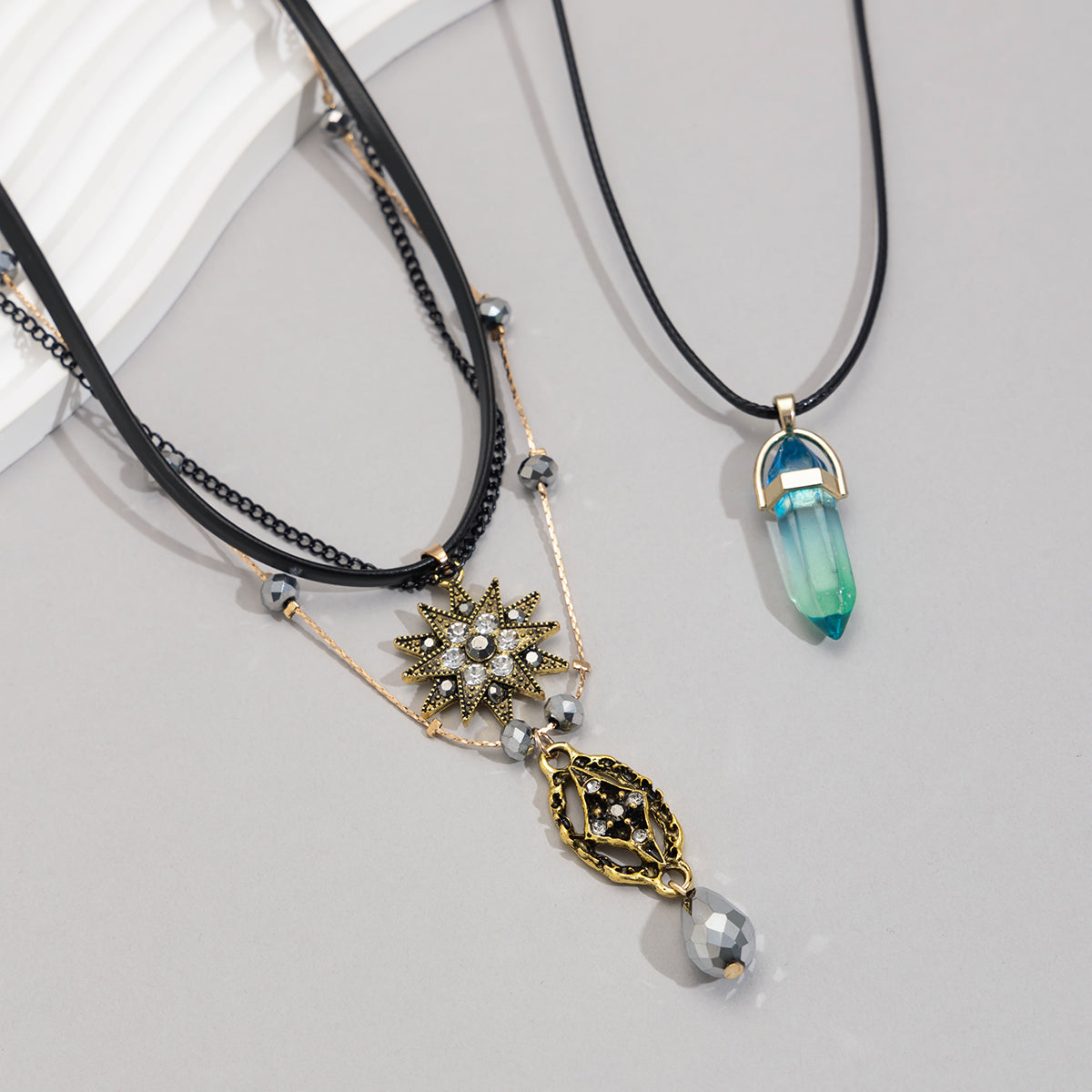 Crystal and Cubic Zirconia Acrylic Polyster Goldtone Star Hexagonal Prism Necklace Set, gold pendant necklace..., side view