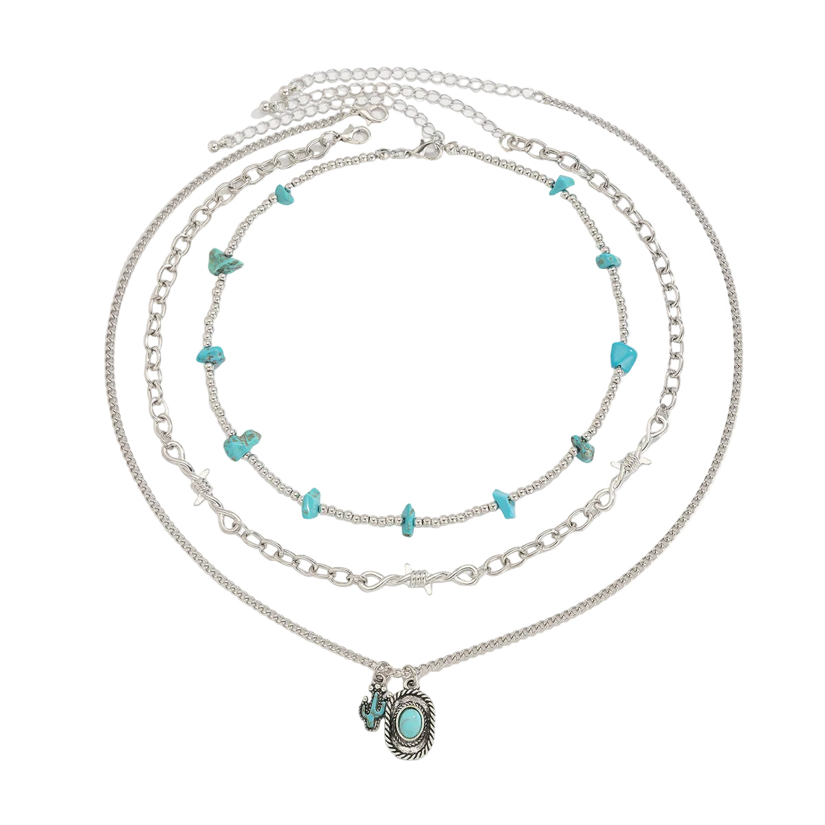 Turqouise and Silvertone Beads Knot Cactus Oval Pendant Necklace Set, silver pendant necklace for women, front view