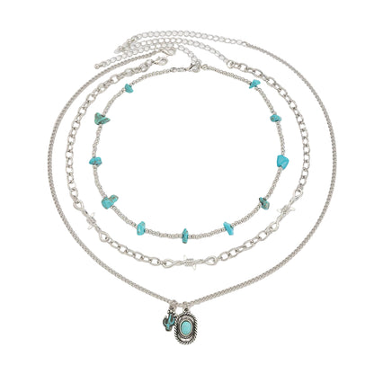 Turqouise and Silvertone Beads Knot Cactus Oval Pendant Necklace Set, silver pendant necklace for women, front view