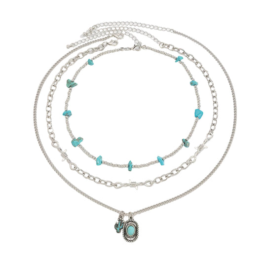 Turqouise and Silvertone Beads Knot Cactus Oval Pendant Necklace Set, silver pendant necklace for women, front view
