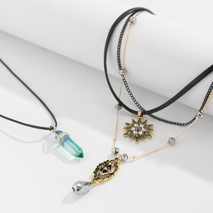 Crystal and Cubic Zirconia Acrylic Polyster Goldtone Star Hexagonal Prism Necklace Set, gold pendant..., detail close-up