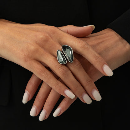 Gray Crystal and Silvertone Dual-Drop Bypass Ring, dainty minimalist design, styled look