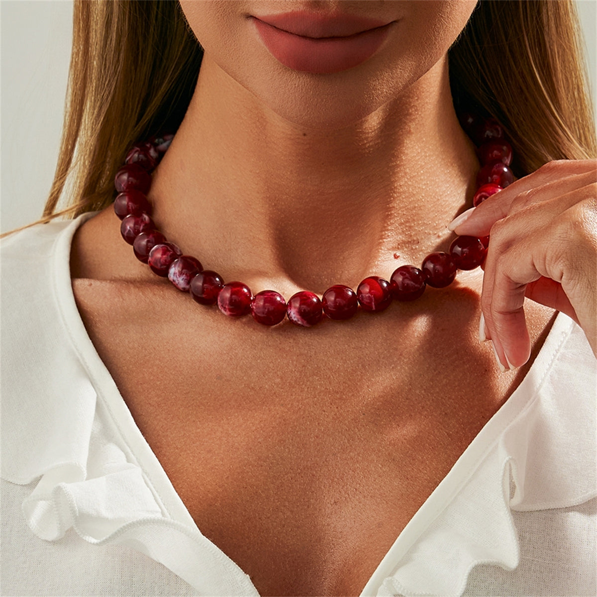 Wine Red Resin and Silvertone Beaded Collar Necklace, elegant gift for her, lifestyle look