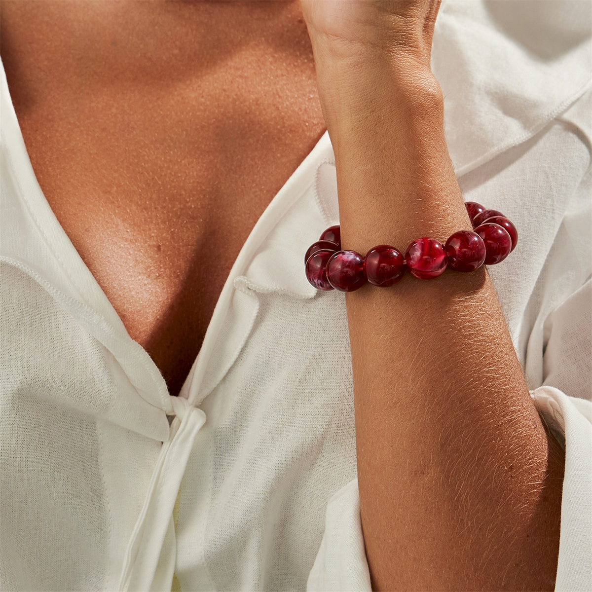 Wine Red Resin Beaded Stretch Bracelet, botanical inspired, styled look