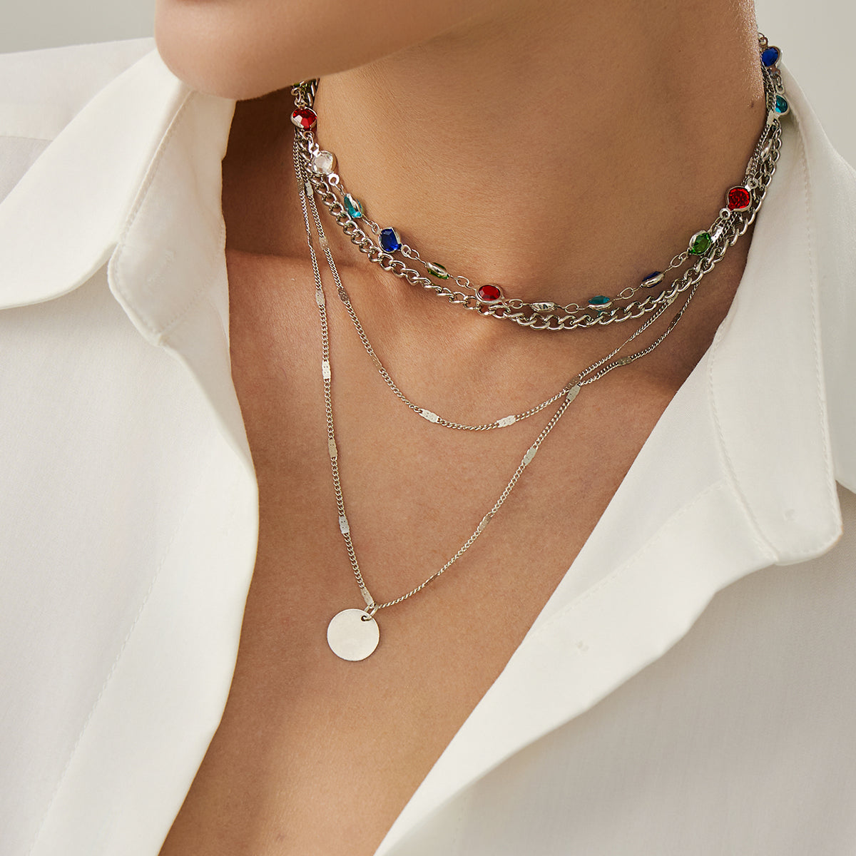Multi-Colored Crystal and Silvertone Circular Pendant Layered Necklace Set, silver pendant necklace for women, lifestyle look