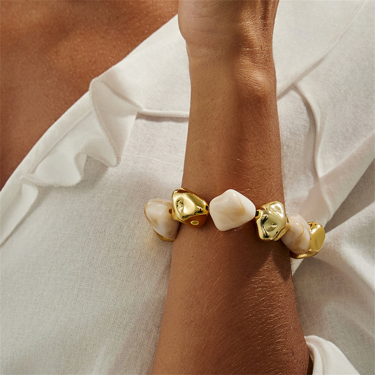 Beige Resin and Goldtone Irregular Beads Station Stretch Bracelet, dainty minimalist design, detail close-up