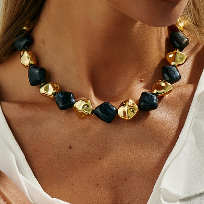 Black Resin and Goldtone Irregular Rhombus Station Collar Necklace, dainty minimalist design, lifestyle look