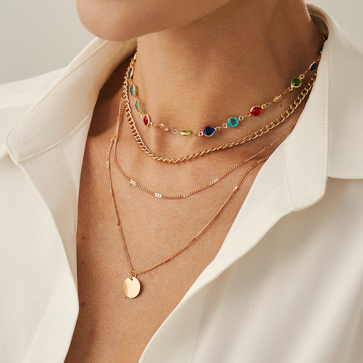 Multi-Colored Crystal and Goldtone Circular Pendant Layered Necklace Set, gold pendant necklace for women, lifestyle look