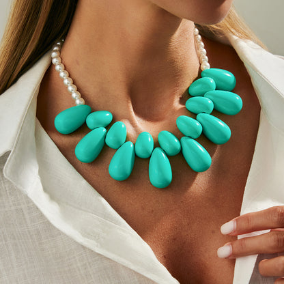 Green Resin and Pearl Silvertone Drops Collar Necklace, vintage-inspired design, lifestyle look