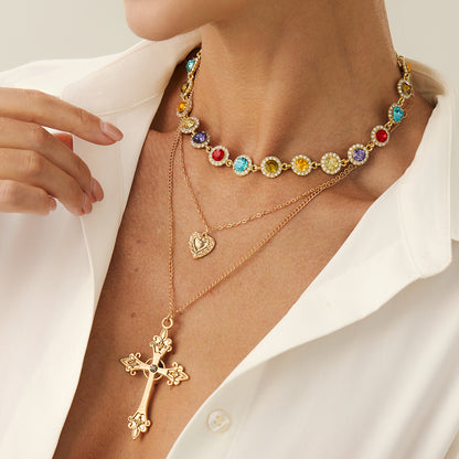 Multi-Colored Crystal and Cubic Zirconia Goldtone Heart Cross Pendant Necklace Set, gold pendant necklace..., styled look