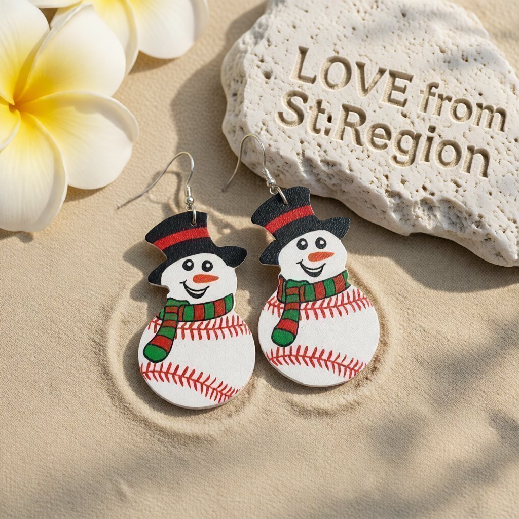 White and Red Baseball Snowman Drop Earrings, drop earrings for women, everyday style, lifestyle look