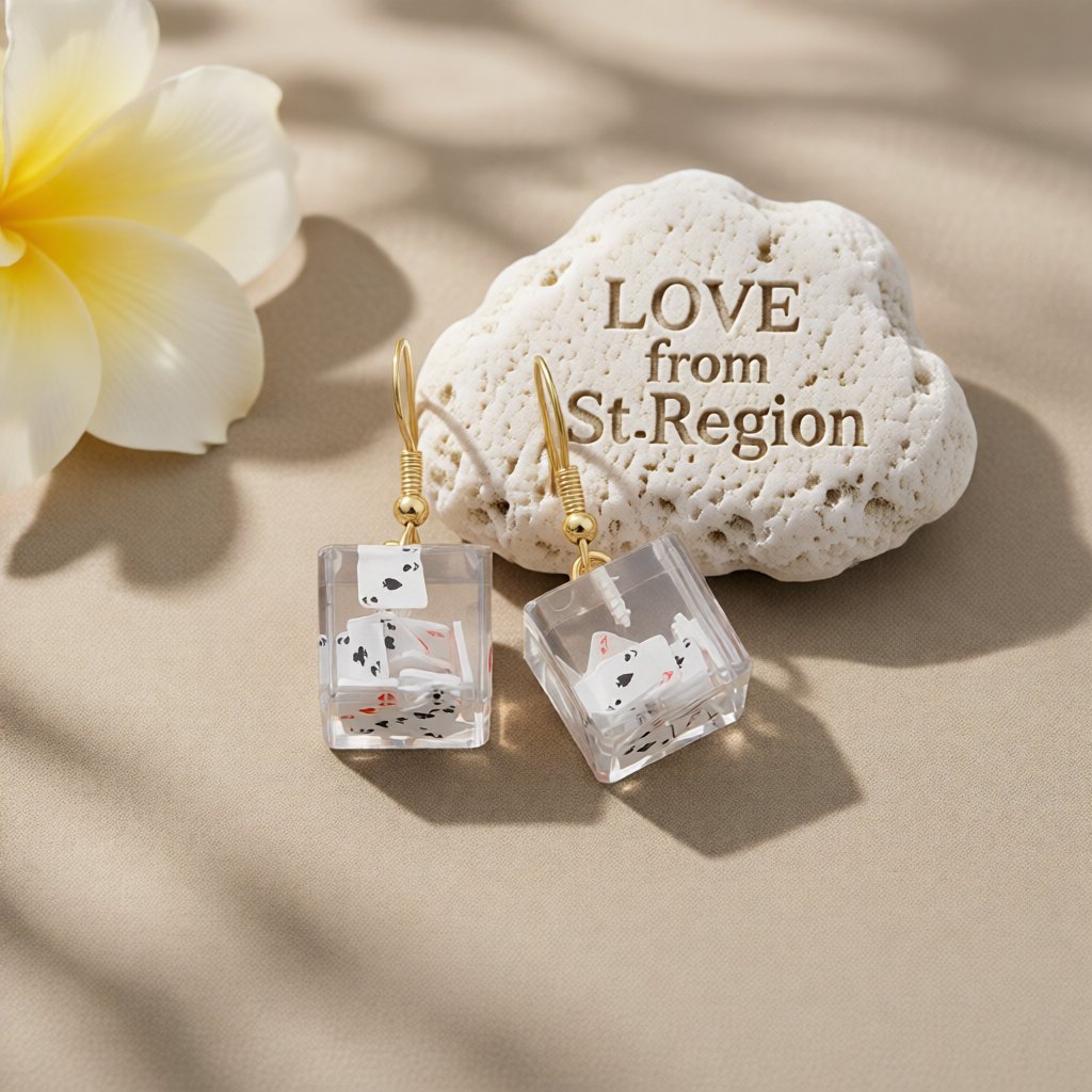Clear Resin and 18K Gold-Plated Joker Cube Drop Earrings, gold drop earrings for women, everyday style, lifestyle look