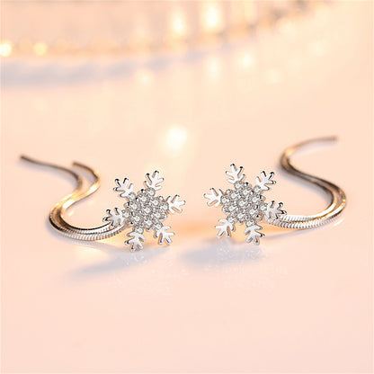 Cubic Zirconia and Silver-Plated Snowflake Tassel Ear Jackets, silver drop earrings for women, everyday style, side view