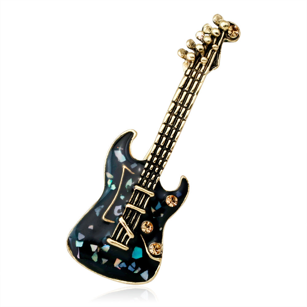 Black and Cubic Zirconia Guitar Brooch, brooch pin, elegant gift for her, front view