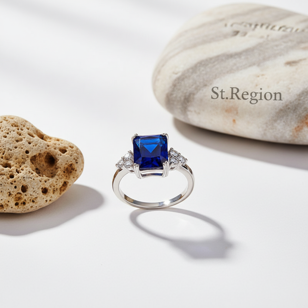 Navy Crystal & Cubic Zirconia Silver-Plated Princess-Cut Ring - Street Region
