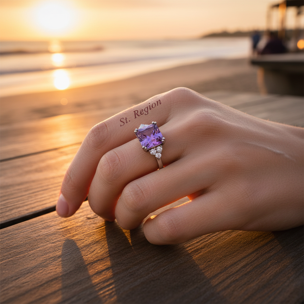 Purple Crystal & Cubic Zirconia Silver-Plated Princess-Cut Ring - Street Region