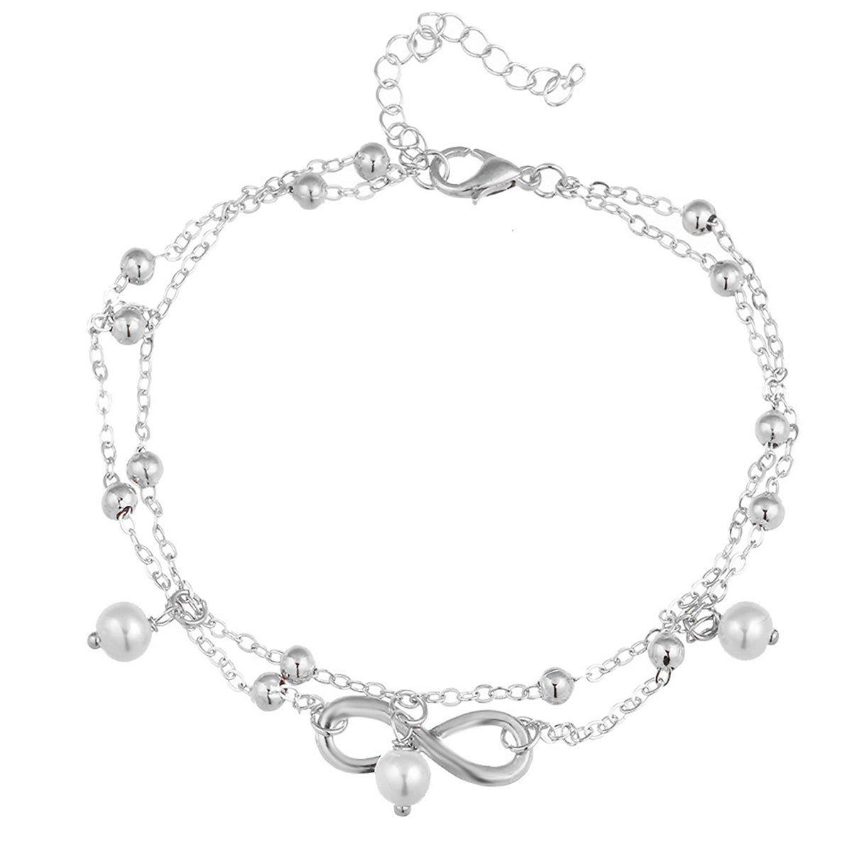 Pearl and Silver-Plated Infinity Charm Layer Anklet, silver anklet bracelet, botanical inspired, side view