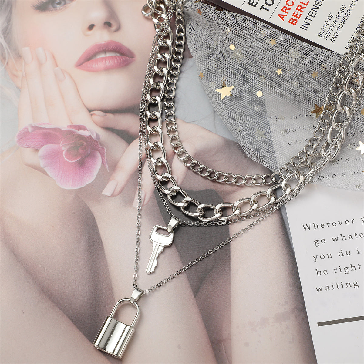 Silver-Plated Key Lock Layered Chain Pendant Necklace, silver pendant necklace for women, front view