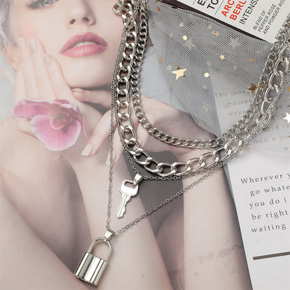 Silver-Plated Key Lock Layered Chain Pendant Necklace, silver pendant necklace for women, front view