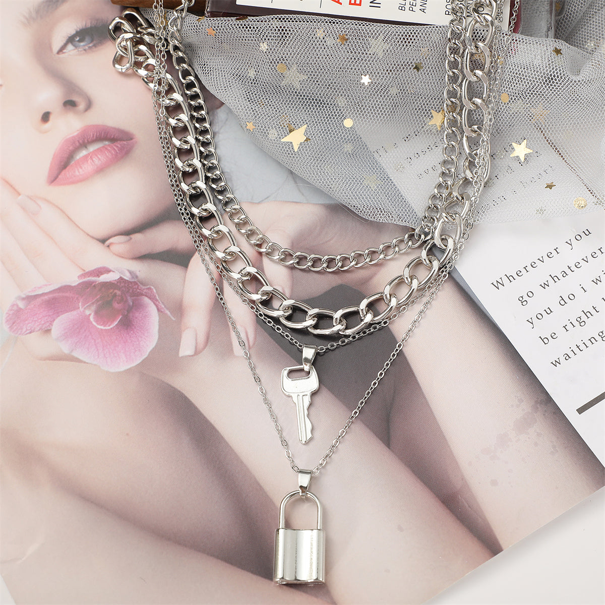 Silver-Plated Key Lock Layered Chain Pendant Necklace, silver pendant necklace for women, detail close-up