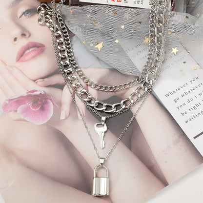 Silver-Plated Key Lock Layered Chain Pendant Necklace, silver pendant necklace for women, detail close-up
