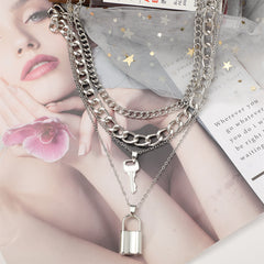 Silver-Plated Key Lock Layered Chain Pendant Necklace