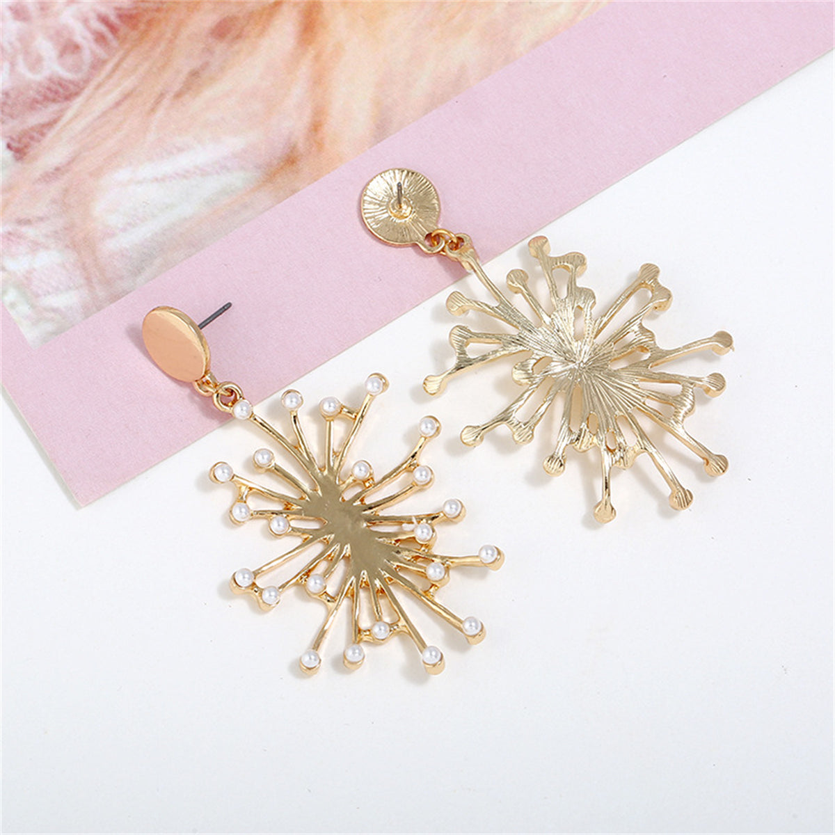 Pearl and 18K Gold-Plated Firework Drop Earrings, gold drop earrings for women, vintage-inspired design, detail close-up
