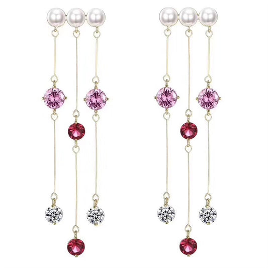 Pearl and Pink Cubic Zirconia 18K Gold-Plated Tassel Trio Drop Earrings, gold drop earrings for women, front view