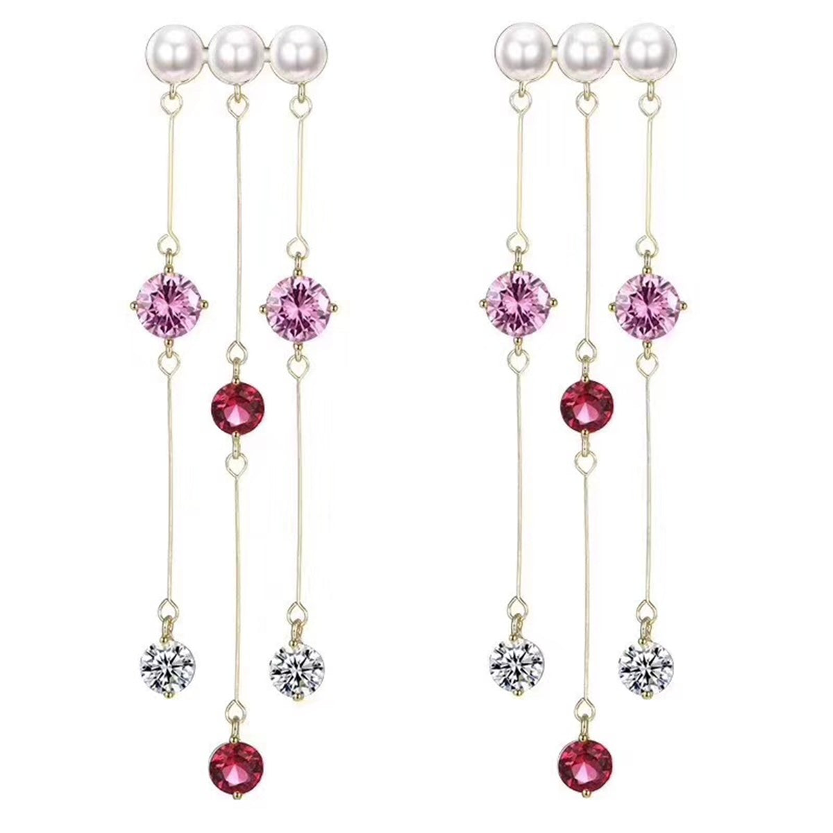 Pearl & Pink Cubic Zirconia 18K Gold-Plated Tassel Trio Drop Earrings