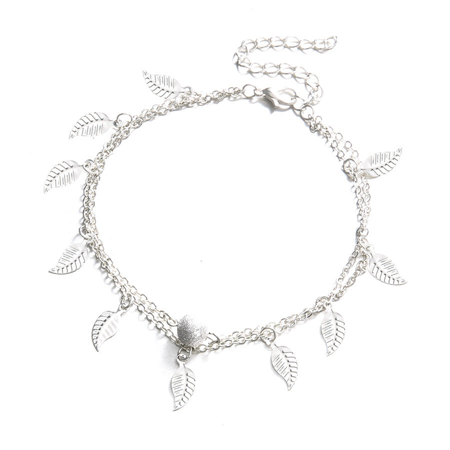 Silver-Plated Leaf Station Layered Anklet, silver anklet bracelet, everyday style, detail close-up