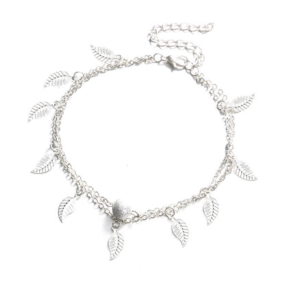 Silver-Plated Leaf Station Layered Anklet, silver anklet bracelet, everyday style, detail close-up