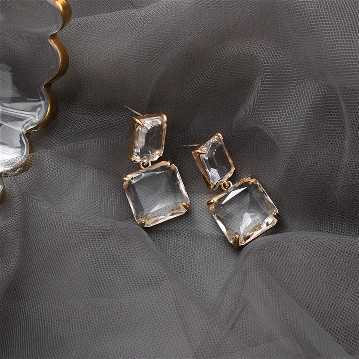 Crystal & 18K Gold-Plated Square Drop Earrings