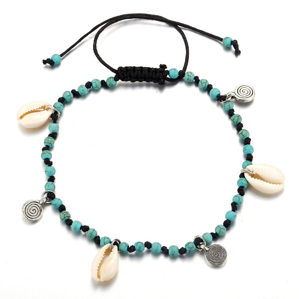 Turquoise & Silver-Plated Shell Adjustable Anklet