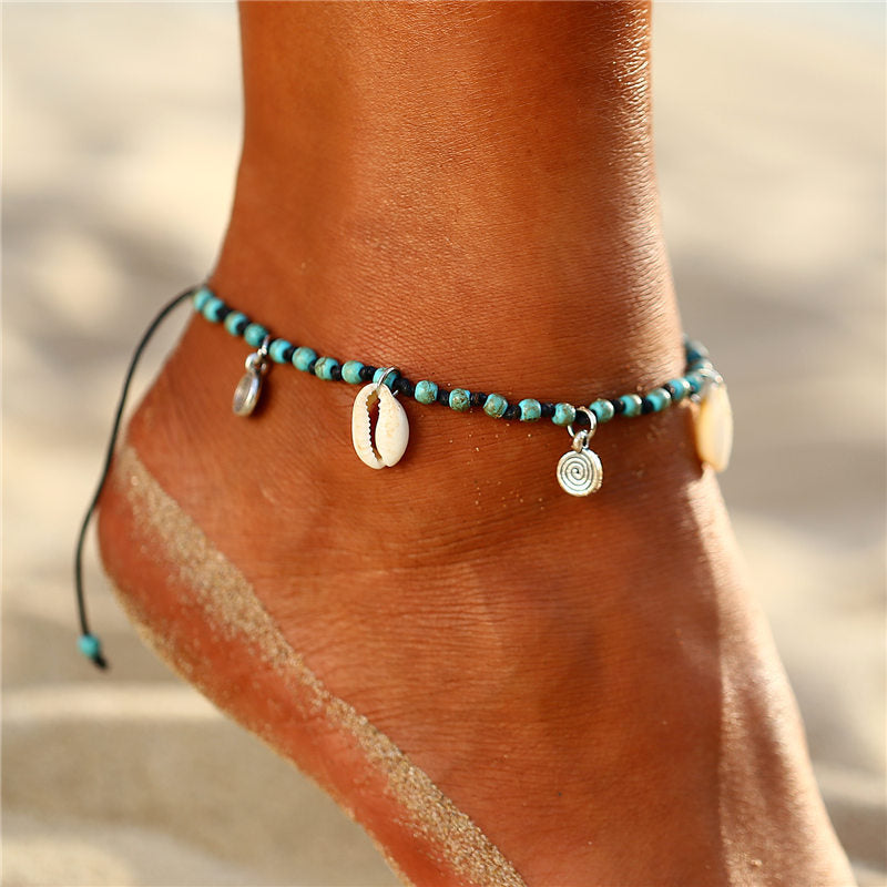 Turquoise and Silver-Plated Shell Adjustable Anklet, silver anklet bracelet, botanical inspired, front view