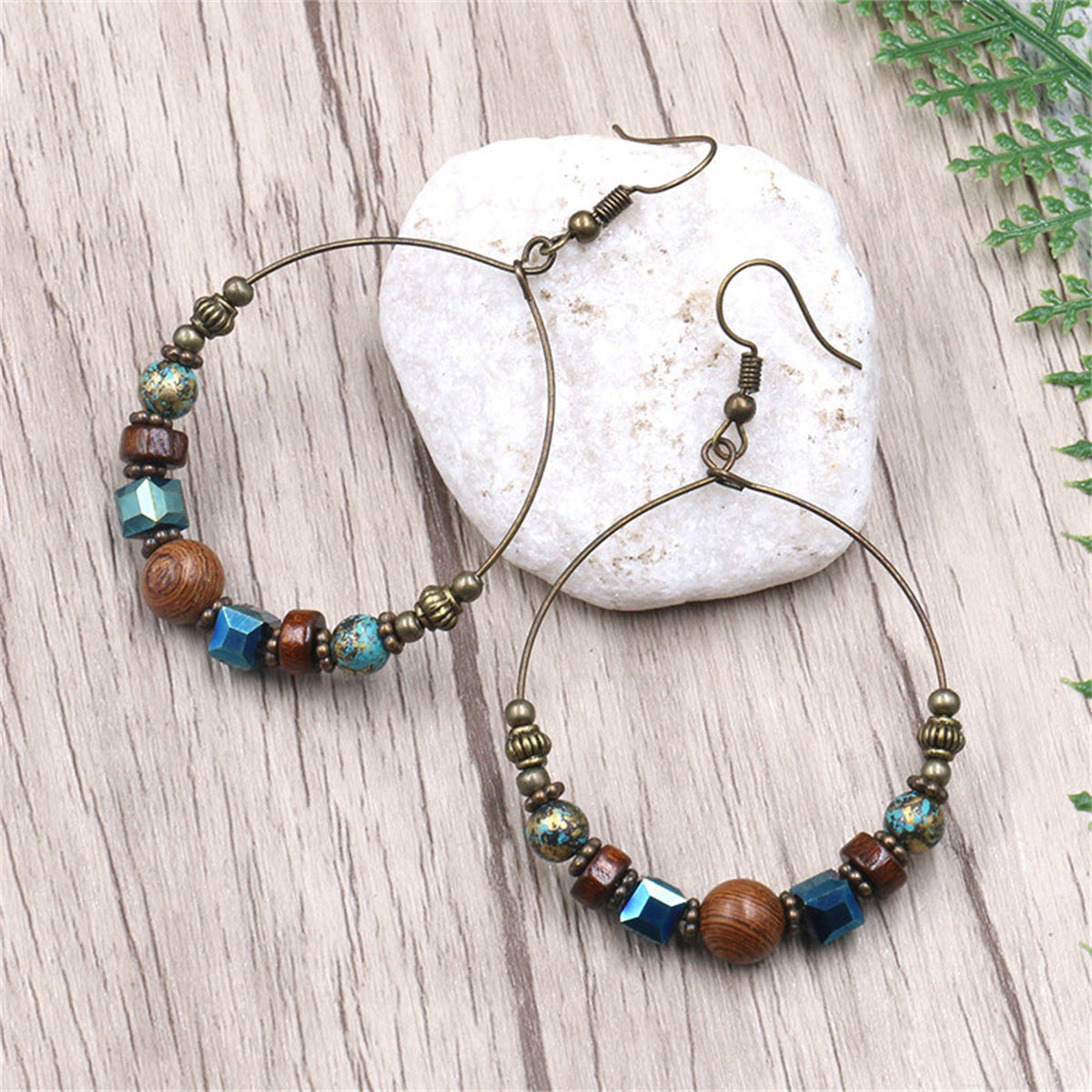 Wood and Acrylic 18K Gold-Plated Beaded Hoop Earrings, gold drop earrings for women, vintage-inspired design, lifestyle look