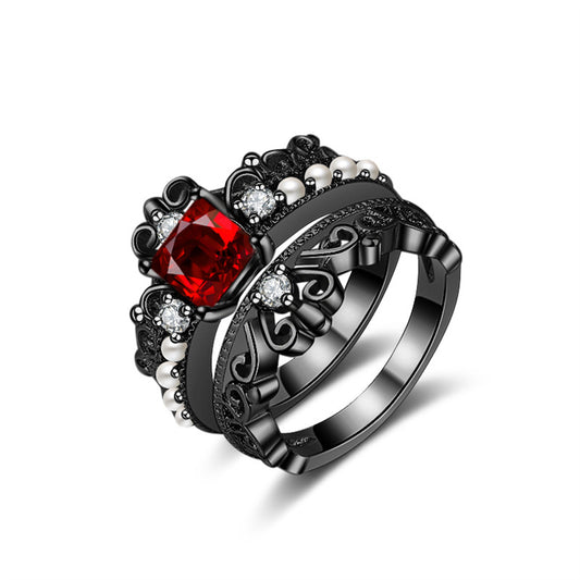 Red Crystal and Pearl Black-Tone Crown Ring Set, statement rings for women, vintage-inspired design, front view