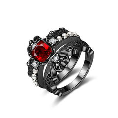 Red Crystal & Pearl Black-Tone Crown Ring Set