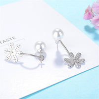 Cubic Zirconia & Pearl Silver-Plated Flower Drop Earrings