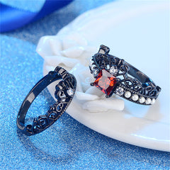Red Crystal & Pearl Black-Tone Crown Ring Set