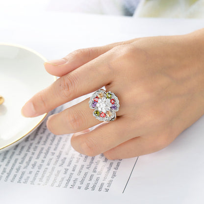 Colorful Cubic Zirconia Ornate Floral Ring, statement rings for women, everyday style, styled look