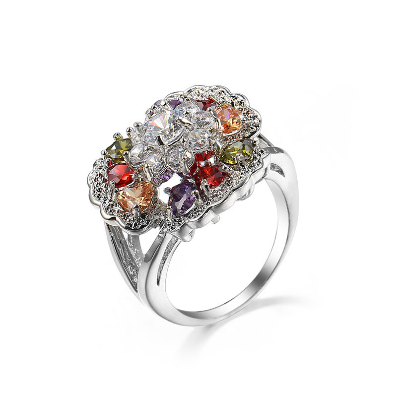 Colorful Cubic Zirconia Ornate Floral Ring, statement rings for women, everyday style, front view